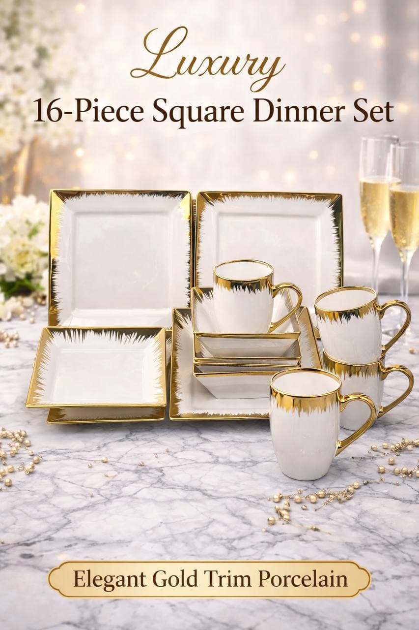 16PCS HIGH QUALITY STATEMENT GOLD & WHITE EUROPEAN LUXURY CERAMIC STONEWARE DINNER SET (SQUARE-SHAPED)